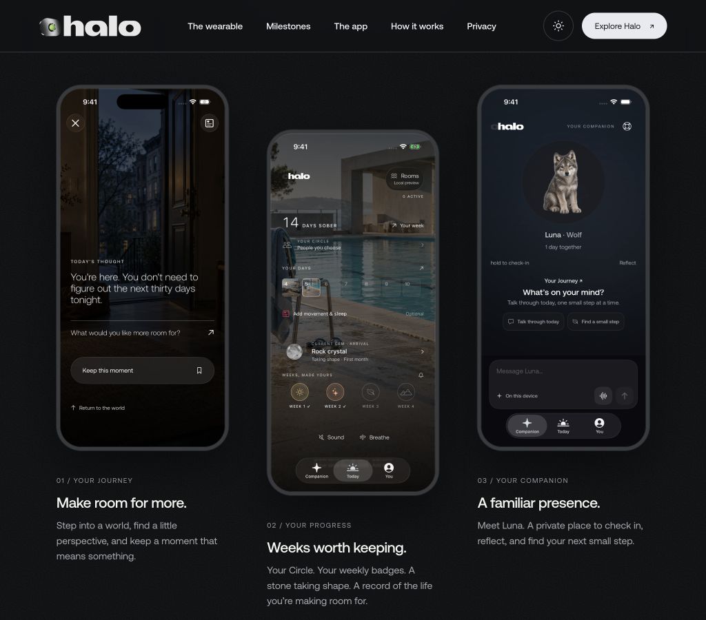 Current Halo branding with Journey, progress, and Luna native app screens