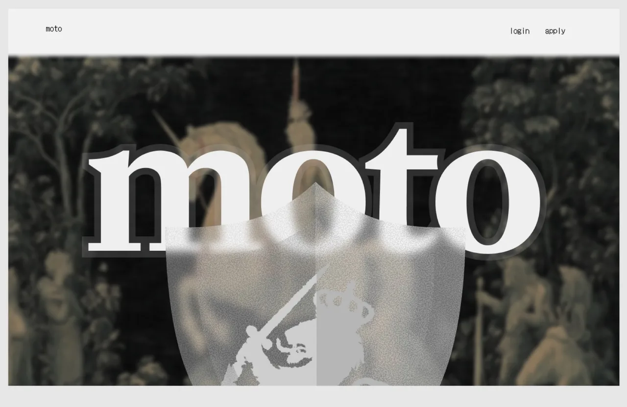 moto - wordmark over Renaissance tapestry